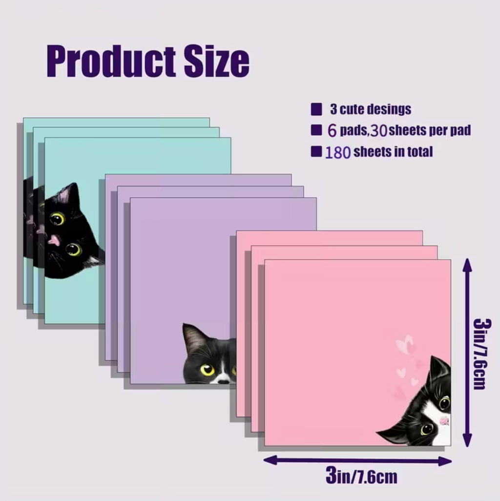 Black Cat Sticky Notes Set of 3  ( Baby blue - Pink - Purple )