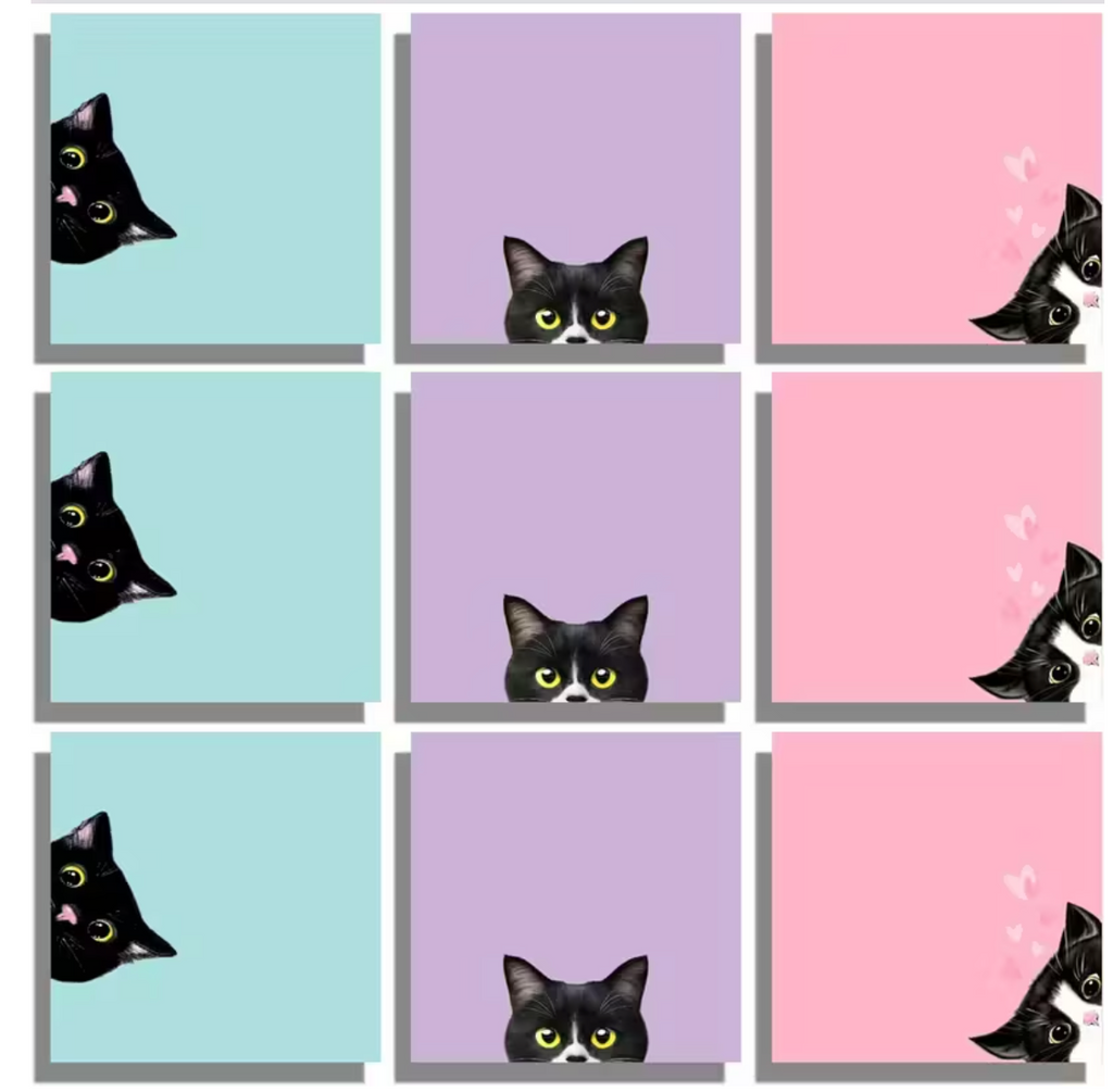 Black Cat Sticky Notes Set of 3  ( Baby blue - Pink - Purple )